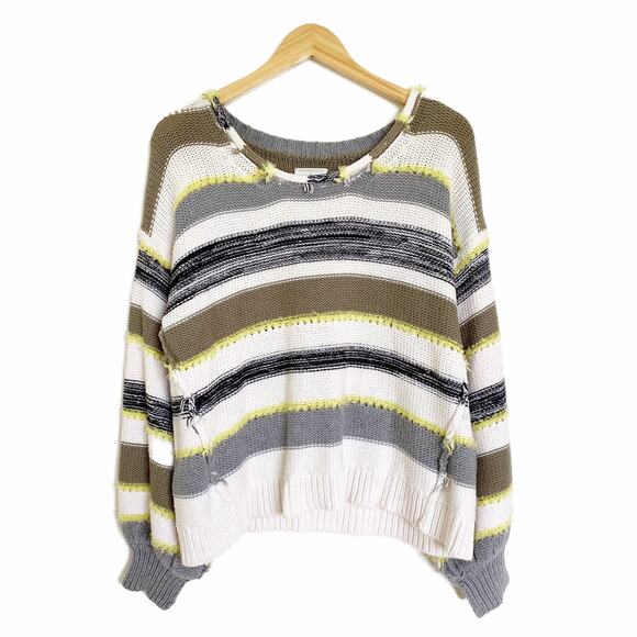Lou & Grey Green White Striped Fringe Time Pullover Sweater Women's Small - Picture 3 of 8